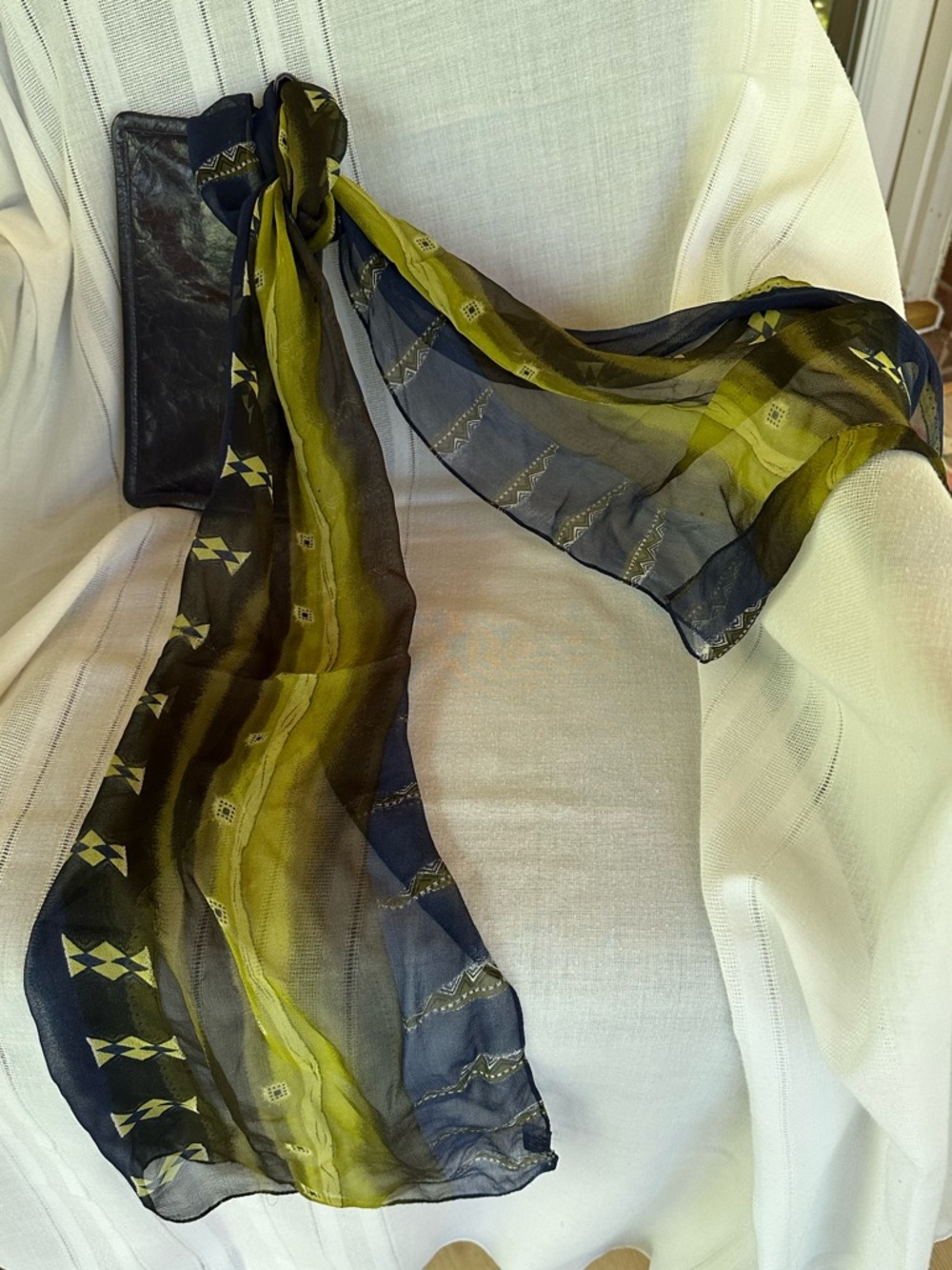 Chico’s Silk Oblong Scarf Artsy Boho Royal Blue & Lime Green Colorblock Designs - Picture 12 of 17